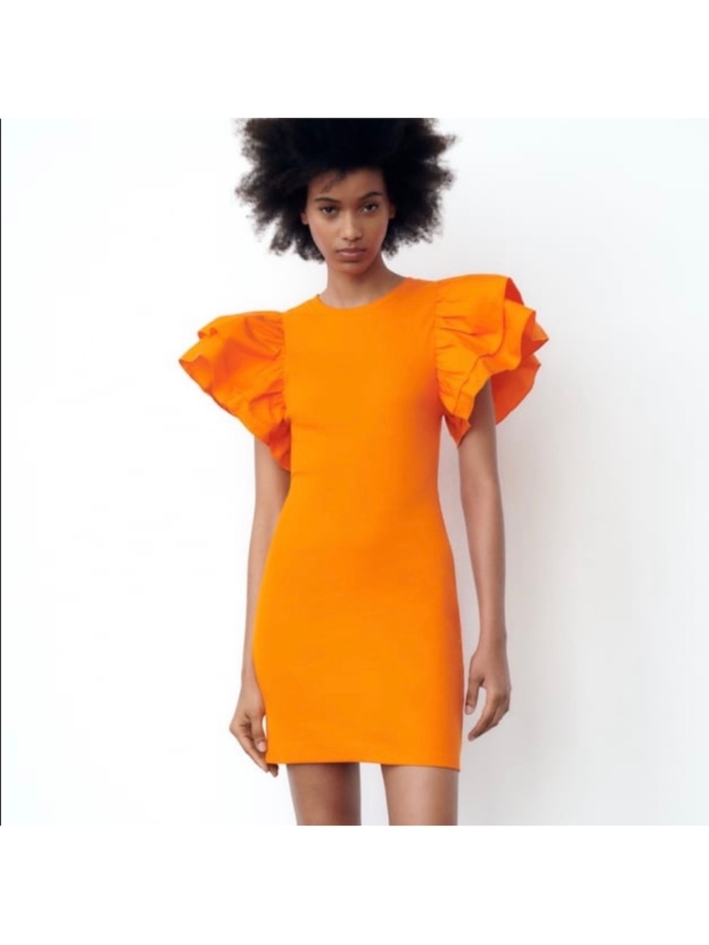 Zara Bright Orange Ruffle-Sleeve Mini Dress